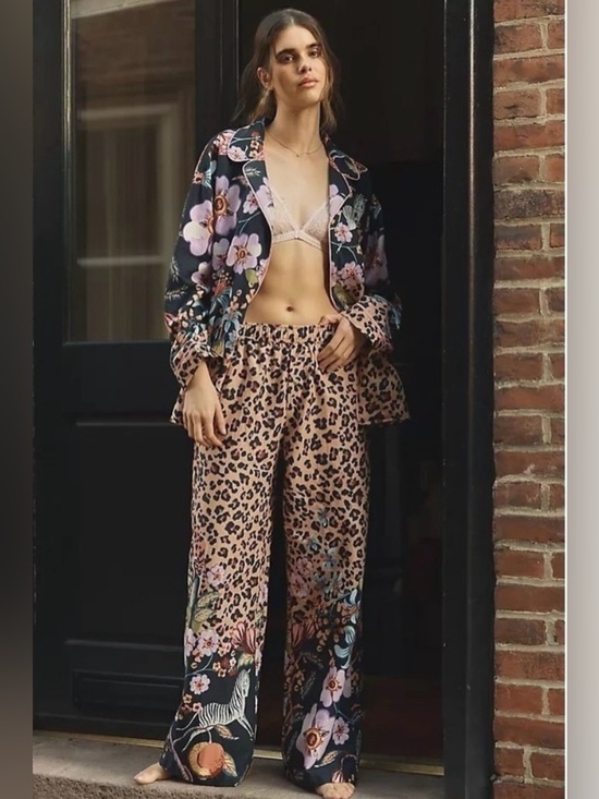 Anthropologie Other - NWT Anthropologie LyreBird Leopard Floral Flannel Pajama Set Small 2-Piece